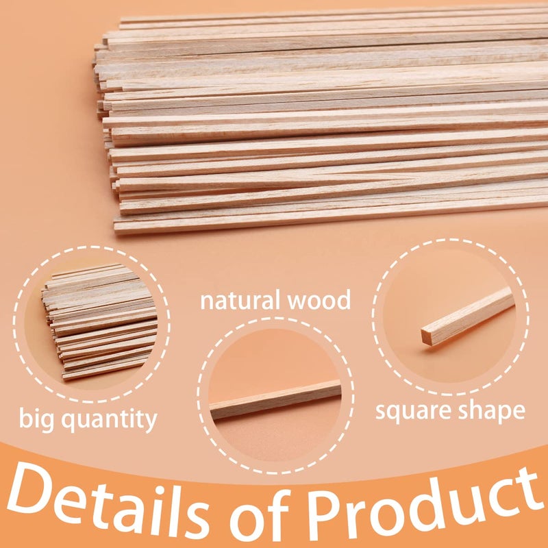 Benvo 100 Pieces Balsa Wood Sticks Square Wooden Dowels Unfinished Hardwood Strips Natural Long Woodcraft Sticks Batons for DIY Crafts Model Making (1/8 x 1/8 x 11.8 Inch) - Image 3