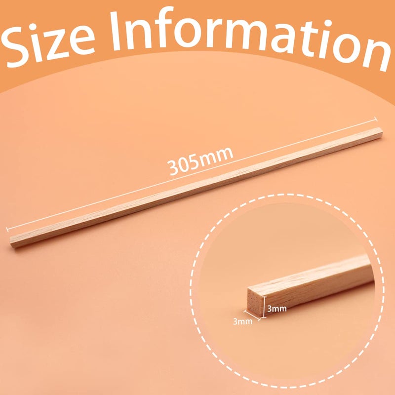 Benvo 100 Pieces Balsa Wood Sticks Square Wooden Dowels Unfinished Hardwood Strips Natural Long Woodcraft Sticks Batons for DIY Crafts Model Making (1/8 x 1/8 x 11.8 Inch) - Image 2