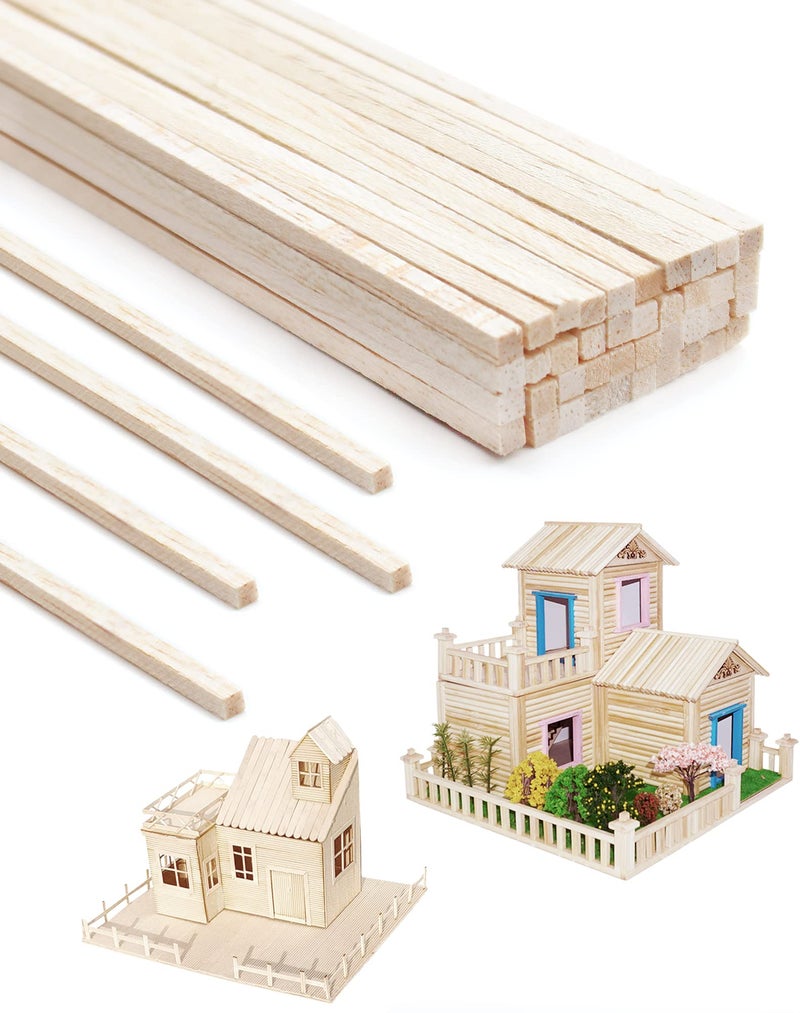 Benvo 100 Pieces Balsa Wood Sticks Square Wooden Dowels Unfinished Hardwood Strips Natural Long Woodcraft Sticks Batons for DIY Crafts Model Making (1/8 x 1/8 x 11.8 Inch) - Image 1