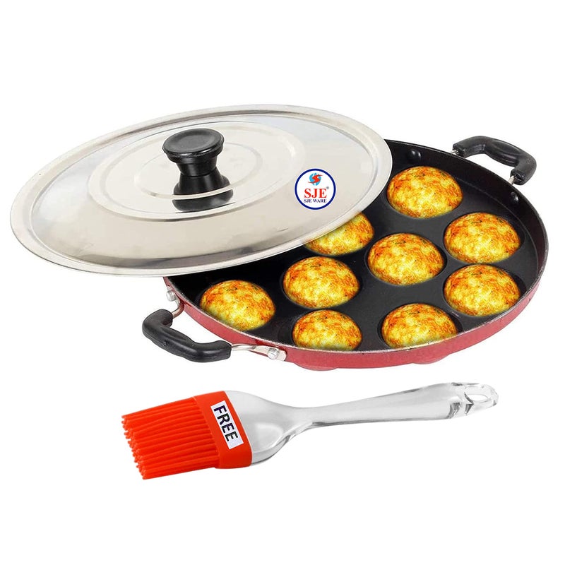 SJE WARE Sjeware Non Stick Appam Patra 12 Cavity with Stainless Steel Lid and Silicon Brush - Image 5