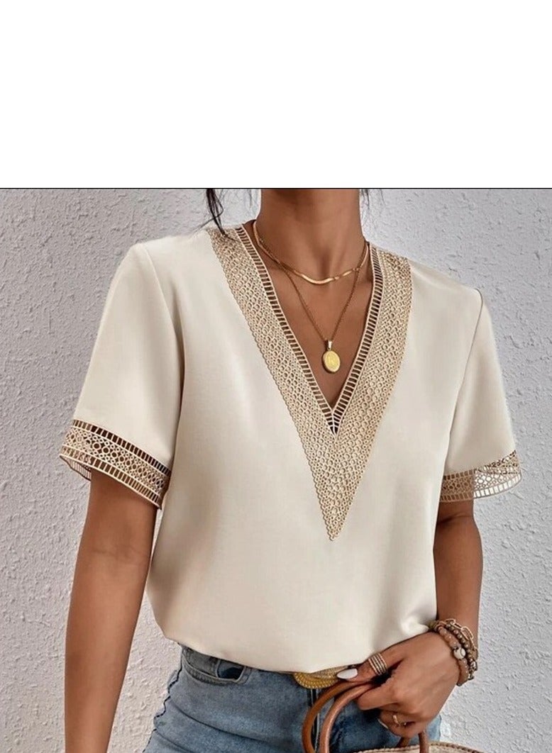Shougu Short Sleeved V-neck Casual Ssolid Color Shirt For Women  - Image 1