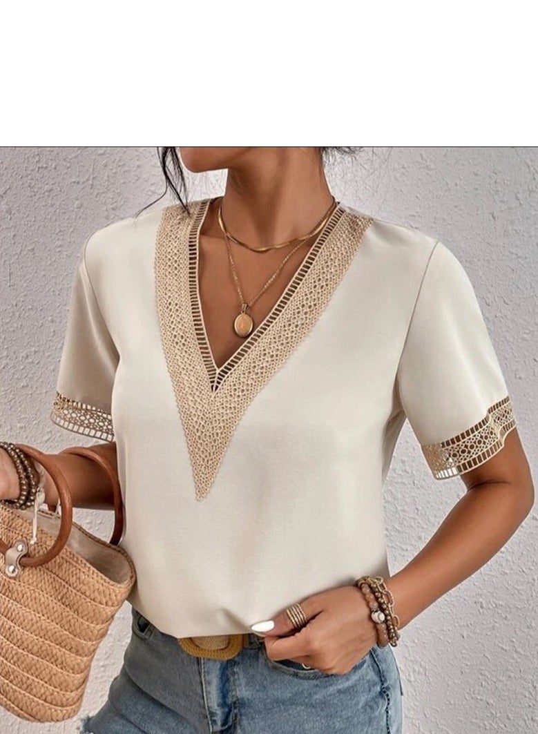 Shougu Short Sleeved V-neck Casual Ssolid Color Shirt For Women  - Image 3