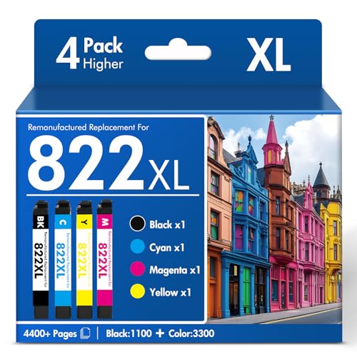 inkalfa 822XL 822 WF-3820 Printer Ink Cartridges Remanufactured Replacement for Epson 822XL Ink Cartridges Combo Pack for Epson 822 XL for Workforce Pro WF-4830 WF-4833 WF-4820 WF-4834 WF-3823 (4 Pack) - Image 1