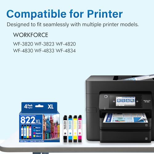 inkalfa 822XL 822 WF-3820 Printer Ink Cartridges Remanufactured Replacement for Epson 822XL Ink Cartridges Combo Pack for Epson 822 XL for Workforce Pro WF-4830 WF-4833 WF-4820 WF-4834 WF-3823 (4 Pack) - Image 2