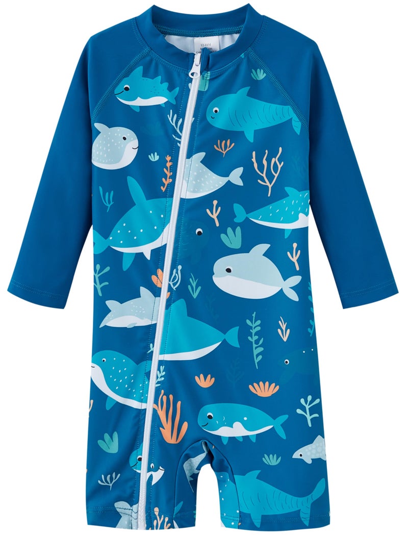 UMELOK Baby Boy Swimwear Infant Bathing Suit Rash Guard Swimwear UPF 50+ Sun Protection Swimsuit Rashguard Sunsuit Blue, Daddy Shark-12-18M - Image 1