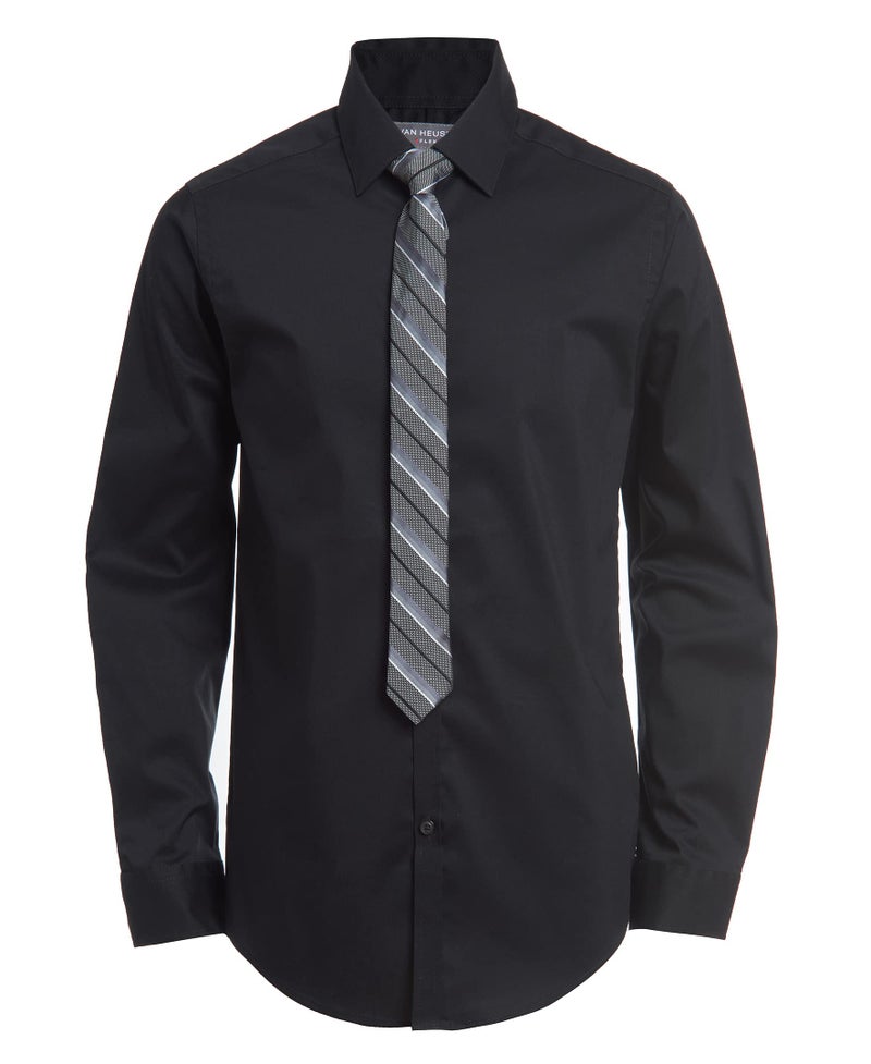 Van Heusen Boys' Long Sleeve Dress Shirt and Tie Set, Black Stripe, 8 Husky - Image 1