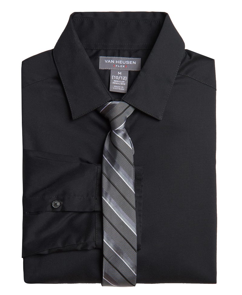 Van Heusen Boys' Long Sleeve Dress Shirt and Tie Set, Black Stripe, 8 Husky - Image 2