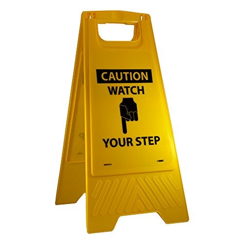 NMC HDFS213 Caution-Watch Your Step Sign with Graphic– 10.75 in. x 24.63 in. Heavy-Duty Plastic, Double-Sided Floor Sign with Black on Yellow - Image 1