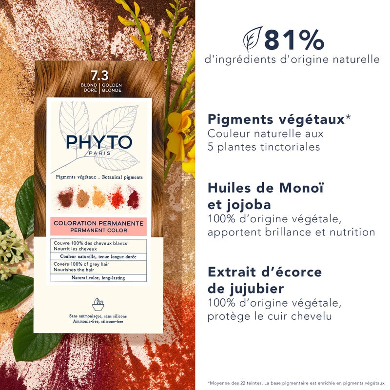 PHYTO Phytocolor Permanent Hair Color, 7.3 Golden Blonde, with Botanical Pigments, 100% Grey Hair Coverage, Ammonia-free, PPD-free, Resorcin-free, 0.42 oz. - Image 3