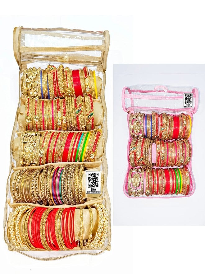 SNA Plastic and Satin Combo 3, 5 Rods Bangle Box Makeup kit Jewellery Box (Pink, Gold) - Image 1