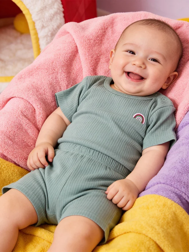 بابيز_بيسك Babies Basic Premium Ribbed Cotton Short Sleeves T-Shirt and Shorts Set