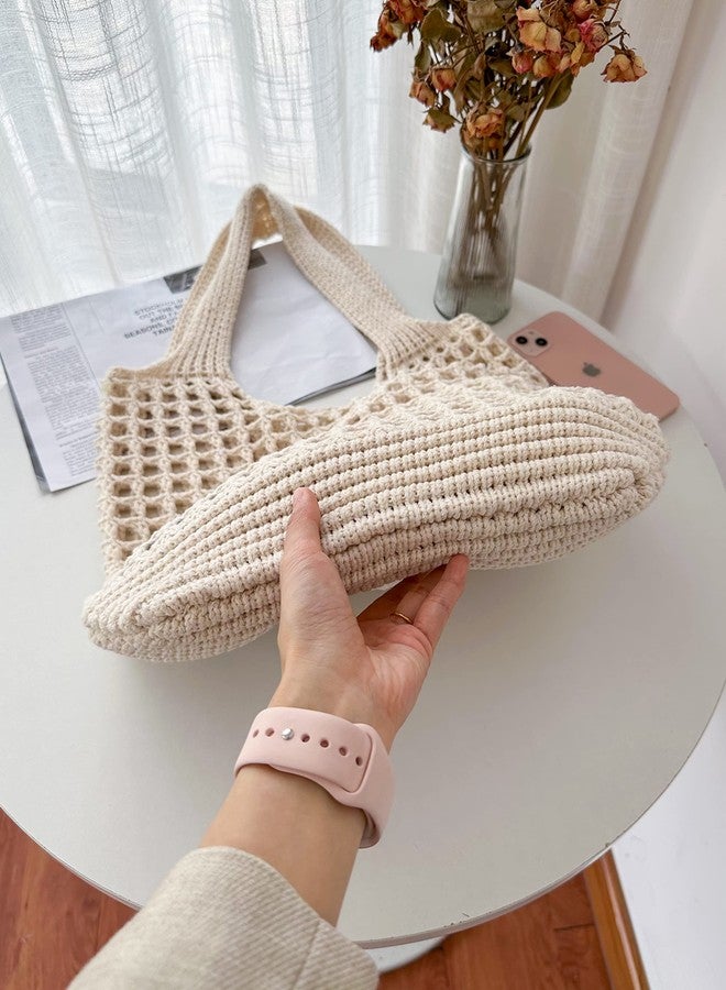 ENBEI Crochet Beach Bag - Women's Knit Shoulder Bags for Travel - Cute, Handmade Tote, Khaki-b, Large - Image 2