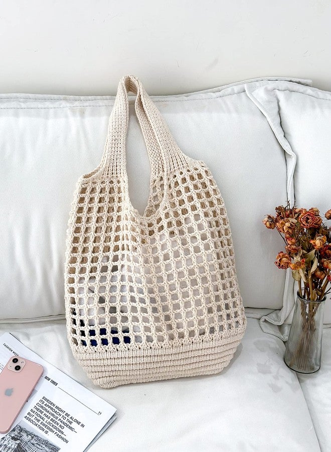 ENBEI Crochet Beach Bag - Women's Knit Shoulder Bags for Travel - Cute, Handmade Tote, Khaki-b, Large - Image 3