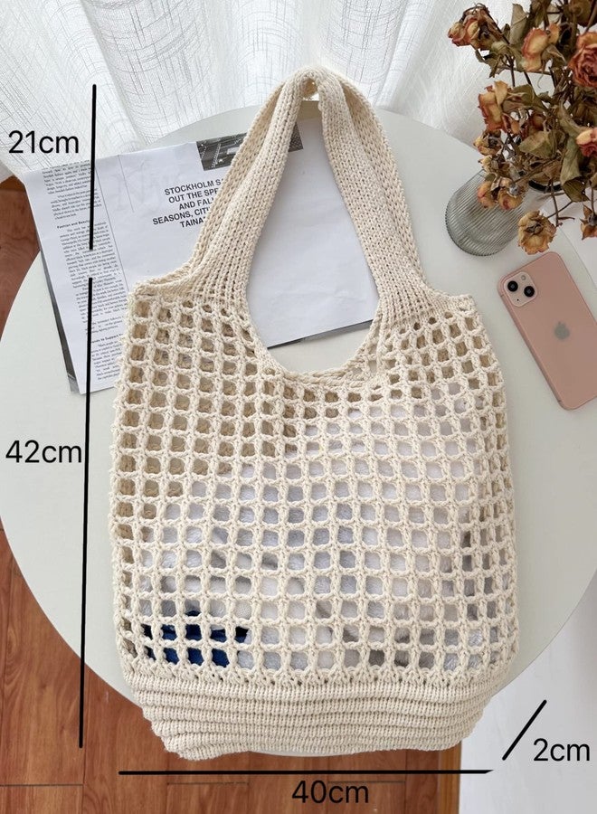 ENBEI Crochet Beach Bag - Women's Knit Shoulder Bags for Travel - Cute, Handmade Tote, Khaki-b, Large - Image 4