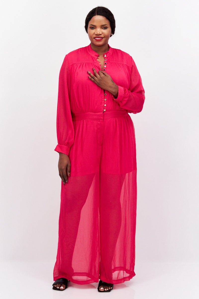 Nina Parker Women Plus Size Textured Long Sleeve Jumpsuit, Pink  - Image 1