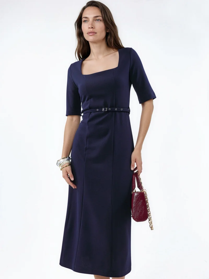 Busem BUSEM Belted Midi Dress with Square Collar