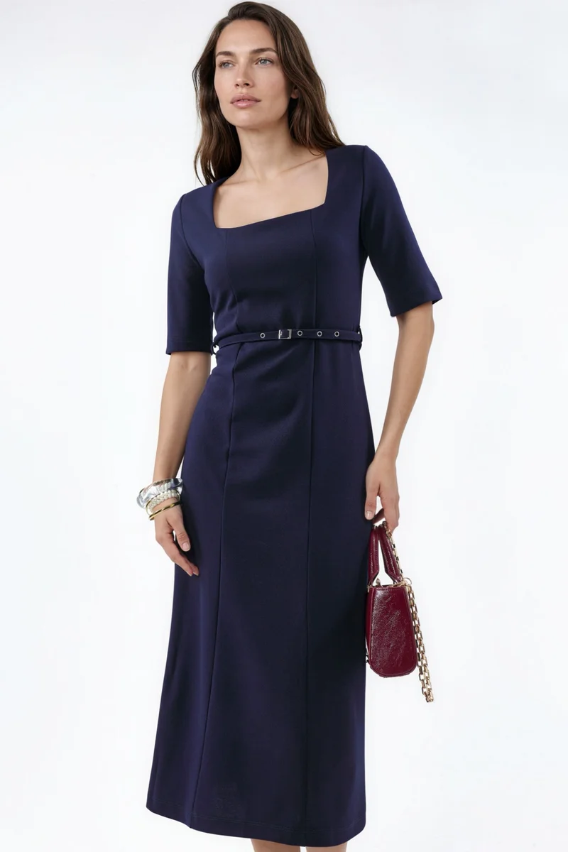 Busem BUSEM Belted Midi Dress with Square Collar