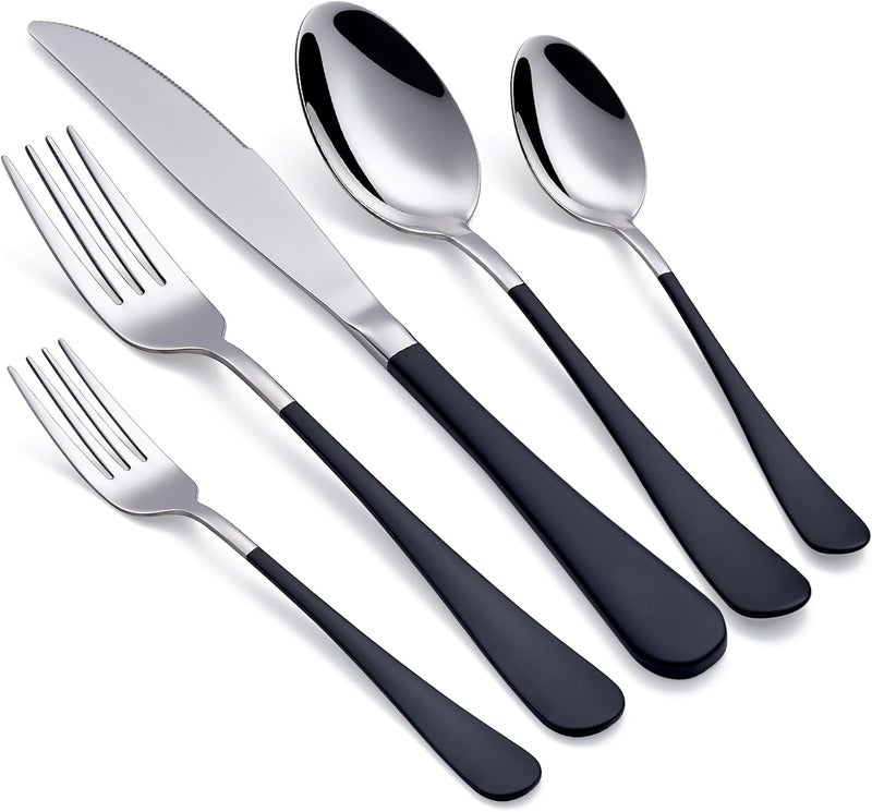Onlycooker Black Silverware Set 20 Piece 180 Stainless Steel Flatware Black Handle Cutlery Set Service for 4 Black Forks Spoons and Knives Set unique silverware set Mirror Finish Dishwasher Safe - Image 1