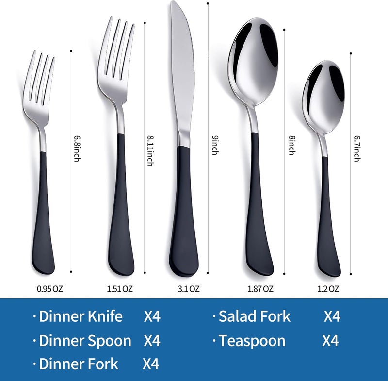 Onlycooker Black Silverware Set 20 Piece 180 Stainless Steel Flatware Black Handle Cutlery Set Service for 4 Black Forks Spoons and Knives Set unique silverware set Mirror Finish Dishwasher Safe - Image 2