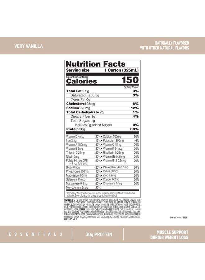 SlimFast Essentials 30g Vanilla Protein Shake, Protein Shakes Ready to Drink, Muscle Support, 1g Sugar, 24 Vitamins and Minerals, 1g Net Carbs, Very Vanilla, 12 Count - Image 3