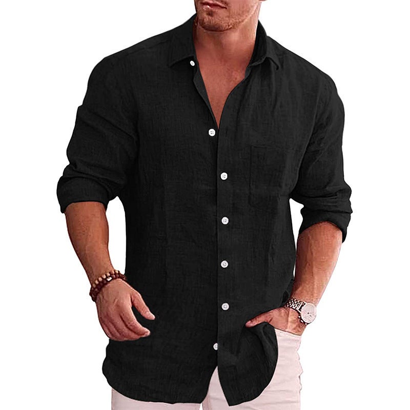 2024ebay Foreign Trade Mens Loose plus size Solid Color Shirt Linen Lapel Long Sleeve Casual Shirt for Men Black - Image 1