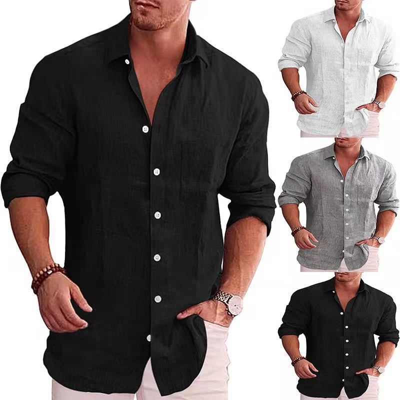 2024ebay Foreign Trade Mens Loose plus size Solid Color Shirt Linen Lapel Long Sleeve Casual Shirt for Men Black - Image 3