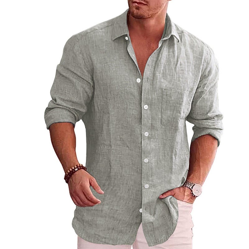 2024ebay Foreign Trade Mens Loose plus size Solid Color Shirt Linen Lapel Long Sleeve Casual Shirt for Men Black - Image 4