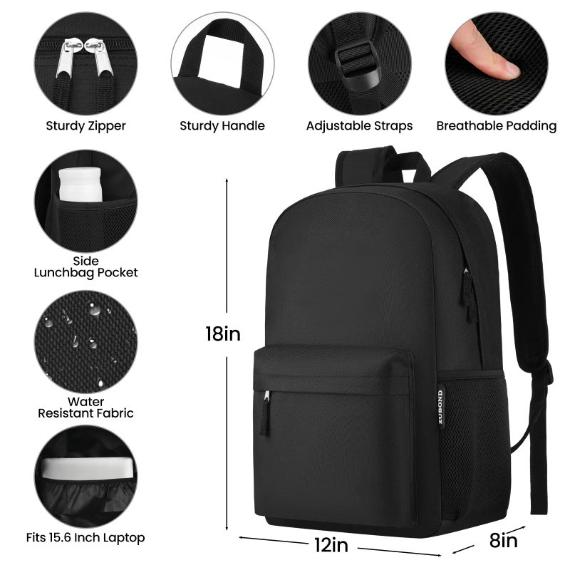 ZUBOND Unisex Black Backpack for School & Travel - Lightweight Laptop Backpack Fits 15.6 Inch Notebook, Water Bottle Pocket - Ideal for Teens, College Students, Adults - Image 2