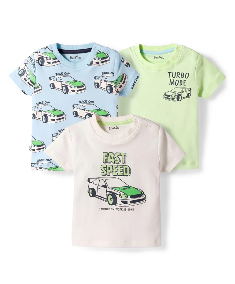 Bonfino Bonfino 3-Pack 100% Cotton Short Sleeves T-Shirts With Car Print - White/Green/Blue