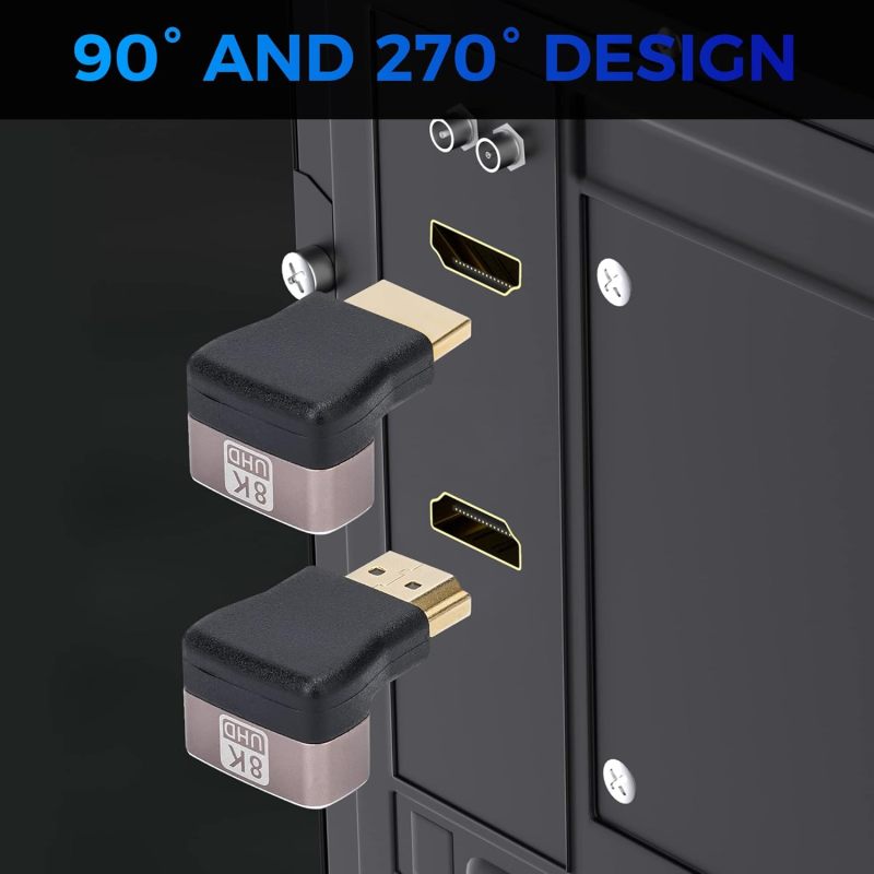 محول HDMI 2.1: حزمة من 2 قطعة باللون الأسود، دقة عالية 8K 60 هرتز و4K 120 هرتز، تحويل بزاوية 90 و270 درجة - تصميم مدمج للمساحات الضيقة، بناء متين لشاشات التلفزيون المثبتة على الحائط وأداة Roku Stick و Chrome Cast - Image 5