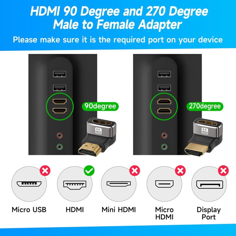 محول HDMI 2.1: حزمة من 2 قطعة باللون الأسود، دقة عالية 8K 60 هرتز و4K 120 هرتز، تحويل بزاوية 90 و270 درجة - تصميم مدمج للمساحات الضيقة، بناء متين لشاشات التلفزيون المثبتة على الحائط وأداة Roku Stick و Chrome Cast - Image 3