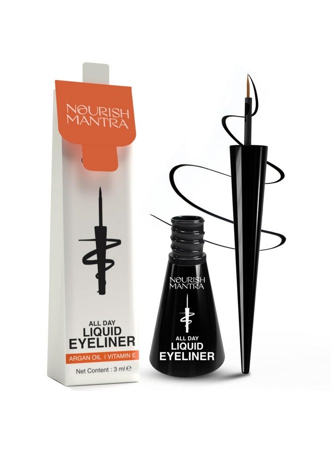 Nourish Mantra's All-Day Liquid Eyeliner 3ml | Formulated with Argan Oil, Vitamin E & Glycerine | Intense Pigmentation | Smudge Proof | Waterproof | Long Lasting | Matte Finish | Black Color - Image 1