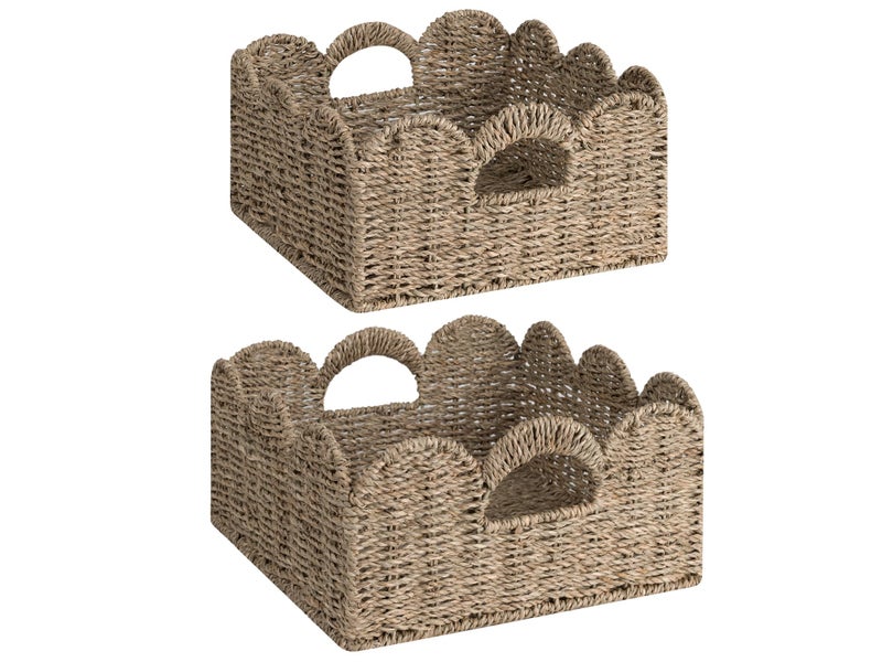 StorageWorks Scalloped Wicker Basket, Hand-woven Rattan Baskets with Built-in Handles, Seagrass Basket for Organizing and Decor, 2 Pack - Image 1