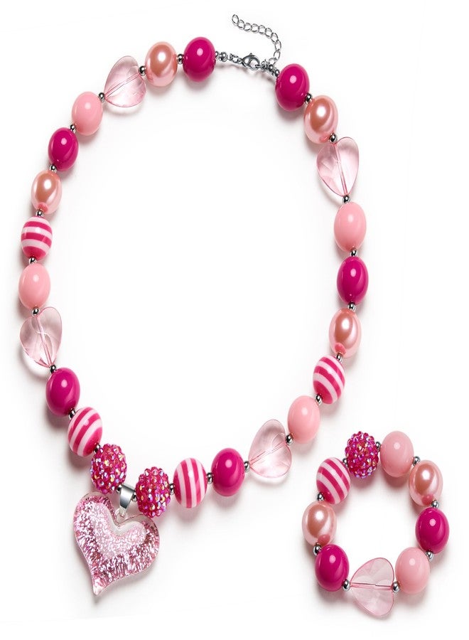 vcmart Glitter Heart Pendant Chunky Bubblegum Necklace and Bracelet Set Girls - Image 1
