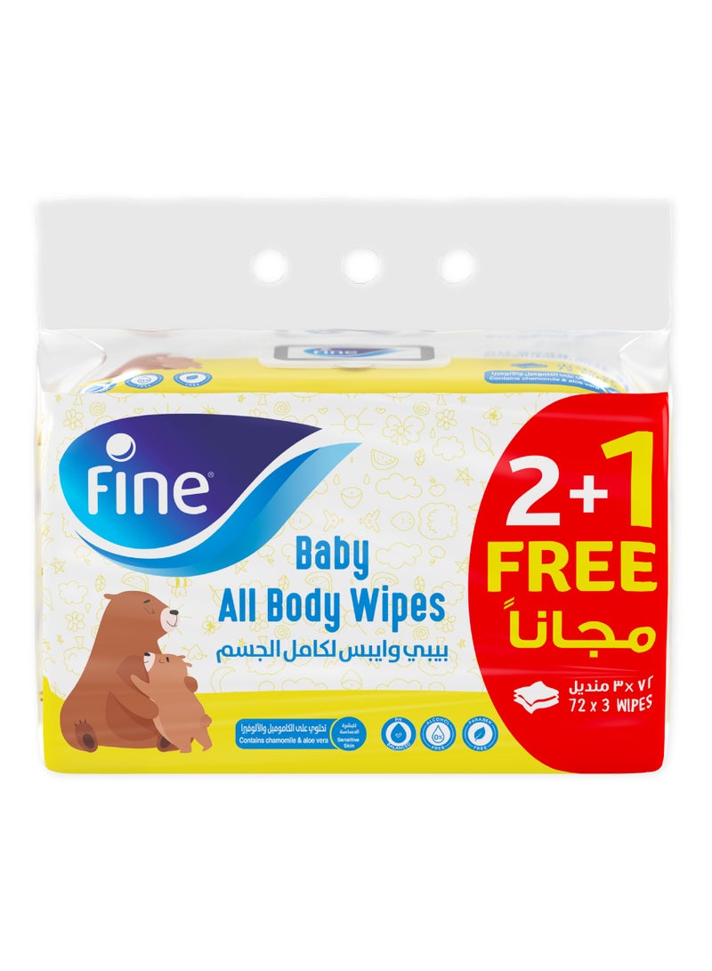Fine Baby All Body Wipes Chamomile And Aloe Vera Essence 3 x 72 Wipes - Image 1