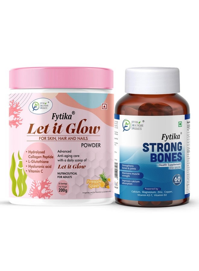 FYTIKA فيتيكا دعها تتألق أناناس، مسحوق الكولاجين-200غ + فيتيكا عظام قوية مع الكالسيوم وفيتامين د2-60 قرص - Image 1
