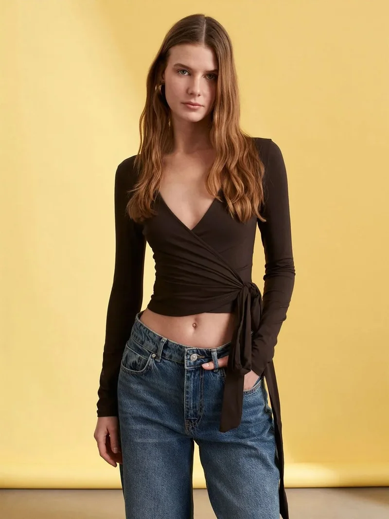 Dilvin DILVIN Women’s Crop Wrap Blouse With Tie Detail