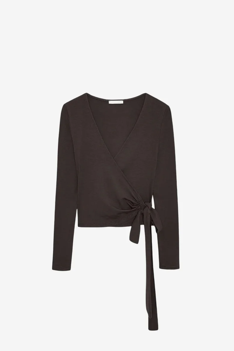 DILVIN Women’s Crop Wrap Blouse With Tie Detail
