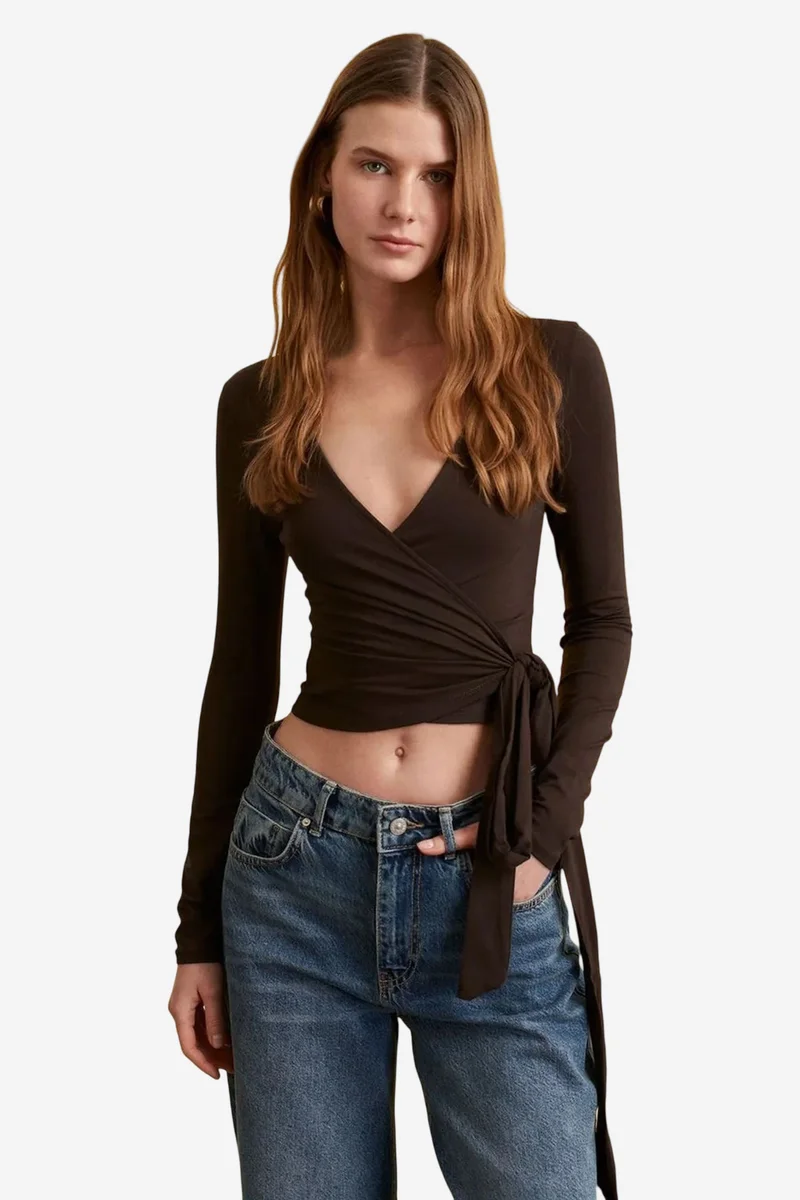 Dilvin Coffee Brown DILVIN Women’s Crop Wrap Blouse With Tie Detail for Women | Best Price UAE