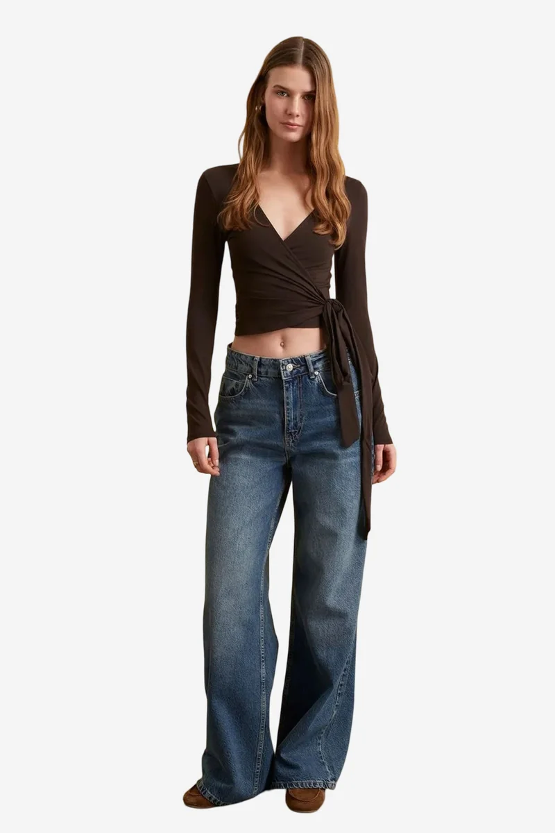 Dilvin Coffee Brown DILVIN Women’s Crop Wrap Blouse With Tie Detail for Women | Best Price UAE