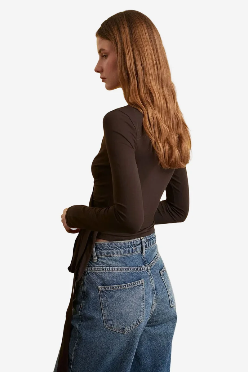 Dilvin Coffee Brown DILVIN Women’s Crop Wrap Blouse With Tie Detail for Women | Best Price UAE