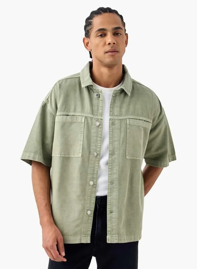 لي كوبر Lee Cooper Relaxed Fit Textured Denim Shirt with Short Sleeves