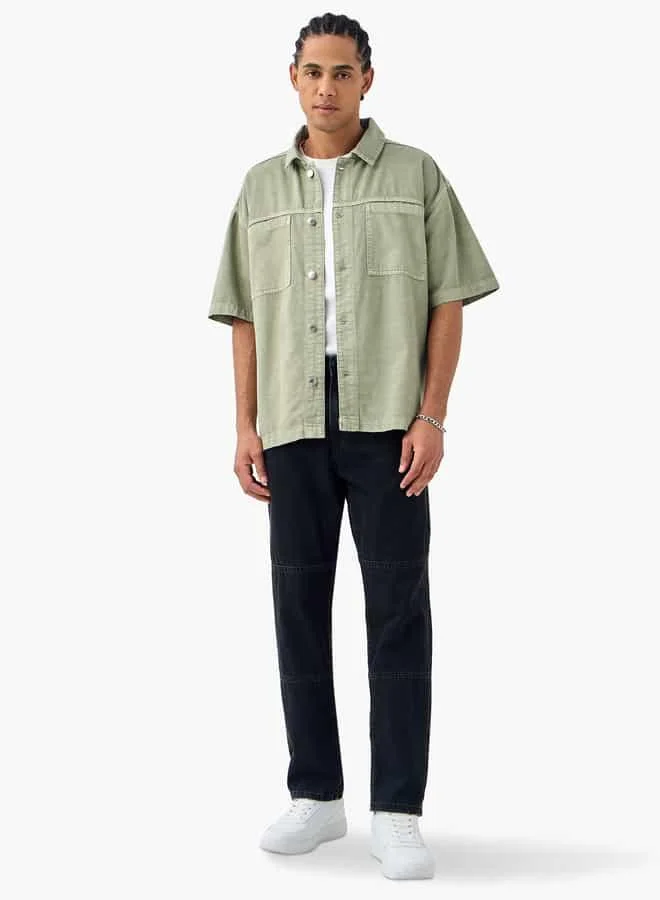 لي كوبر Lee Cooper Relaxed Fit Textured Denim Shirt with Short Sleeves