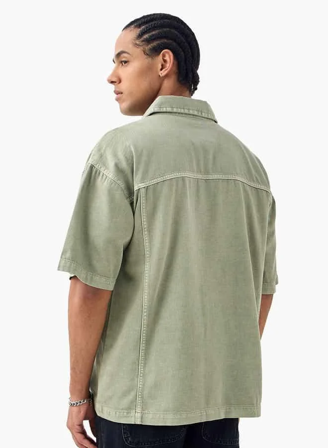 Lee Cooper Lee Cooper Relaxed Fit Textured Denim Shirt with Short Sleeves