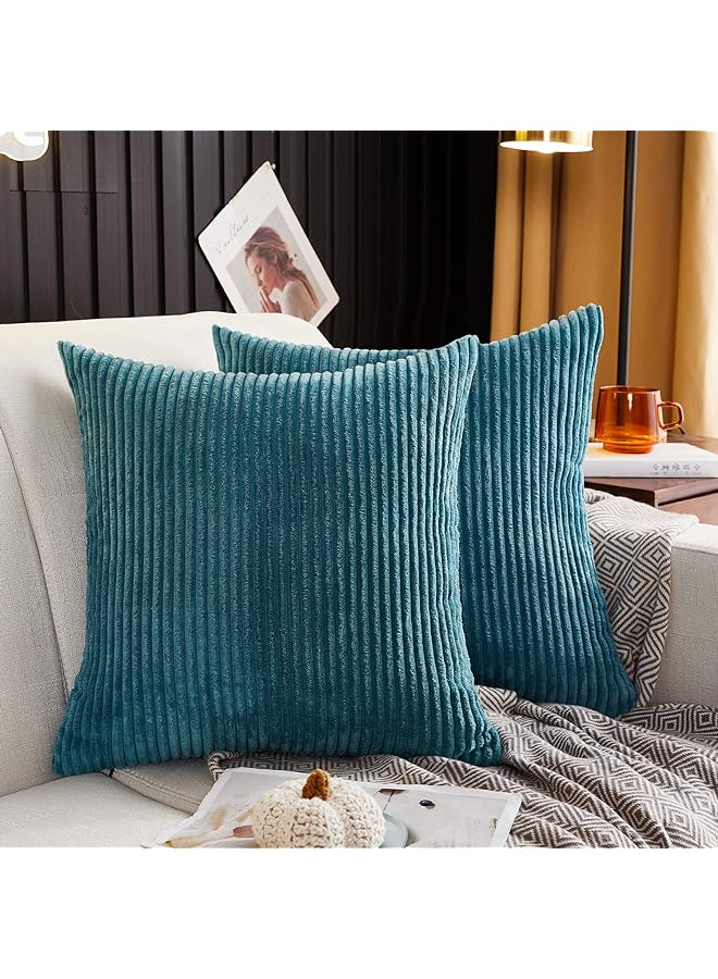 Zaboon Mernette Pack Of 2 Corduroy Soft Decorative Square Throw Pillow Cover Cushion Covers Pillowcase Home Decor Decorations For Sofa Couch Bed Chair 18X18 Inch/45X45 Cm Striped Peacock - Image 1