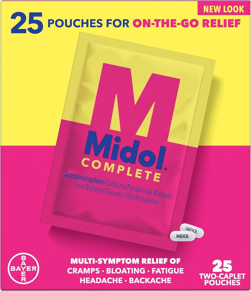 Midol Complete On The Go Caplets with Acetaminophen for Menstrual Symptom Relief, Period Cramp and Menstrual Pain Relief, 50 Count (25 Pouches of 2)