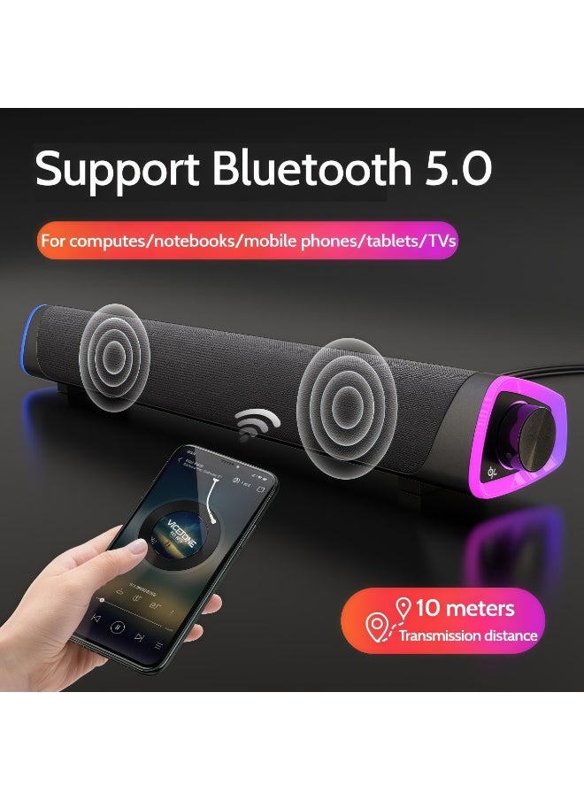 FlashHawk USB Bluetooth Computer Speaker, Portable Sound Bar with Volume Knob, Breathing Light 3.5mm Audio Input for PC Laptop Smartphone Tablet  - Image 4
