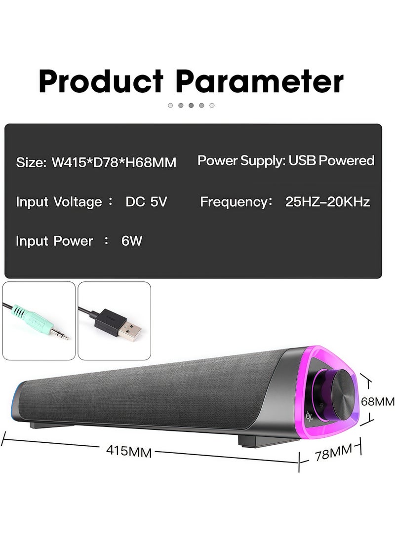 USB Bluetooth Computer Speaker, Portable Sound Bar with Volume Knob, Breathing Light 3.5mm Audio Input for PC Laptop Smartphone Tablet