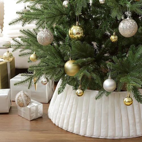 Bunny Chorus Christmas Tree Collar, Rustic White Luxury Plush Faux Fur Tree Collar with Stripe Textured Pattern, Soft Fluffy Xmas Tree Ring Boho Tree Skirt for Holiday Decorations Indoor Home Decor - Image 5