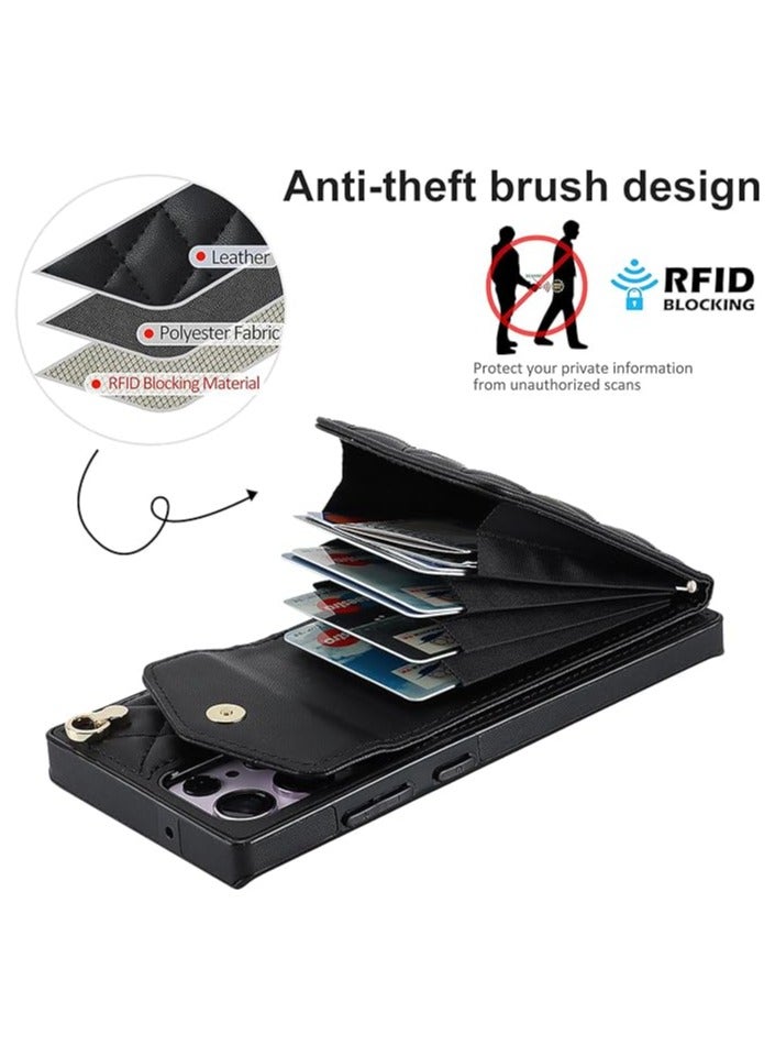 عام For Samsung Galaxy S24Ultra/S24Plus/S24 Cross Wallet Case Faux Leather Phone Case with RFID Blocking Card Slot, Ring Bracket, Wrist Strap Lanyard - Image 4